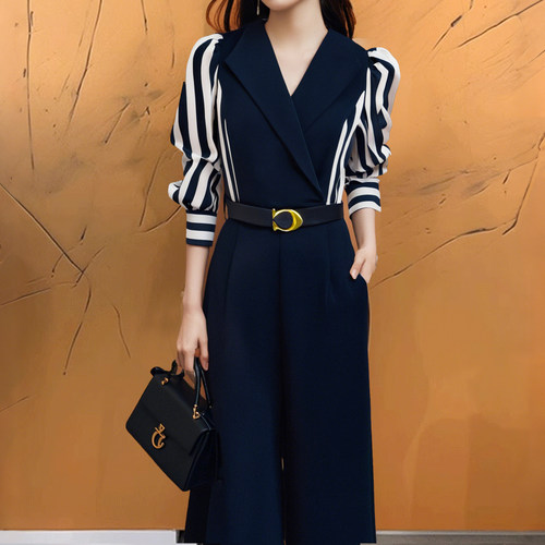 【送腰带】2026春季新款气质通勤条纹拼接高腰系带连体裤女D0522