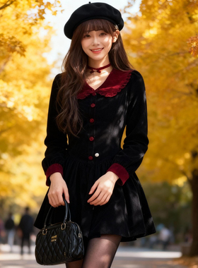 2025秋冬新款法式复古黑色丝绒连衣裙女气质拼接女装小黑裙HY0176