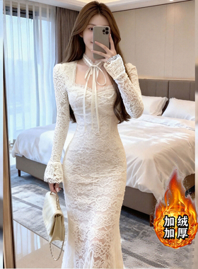 加绒加厚名媛蕾丝假两件裙子2025秋冬季新款气质宴会连衣裙D4137A