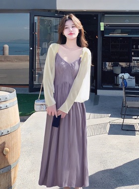 2025时尚新款两件套紫色轻奢显白显瘦收腰吊带连衣裙X0031