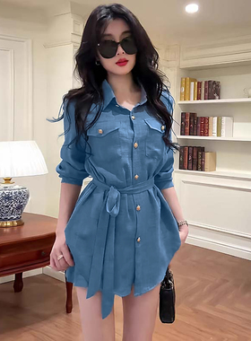 送腰带高级感翻领长袖衬衫2025秋季系带衬衣+短裤两件套D3463