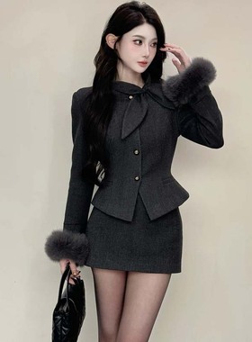 2025秋冬季新款有里布网红时尚毛呢外套辣妹套装两件套DM0147