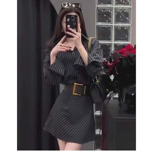 送腰带高级感条纹长袖衬衫连衣裙女春秋新款气质收腰短裙TX0027