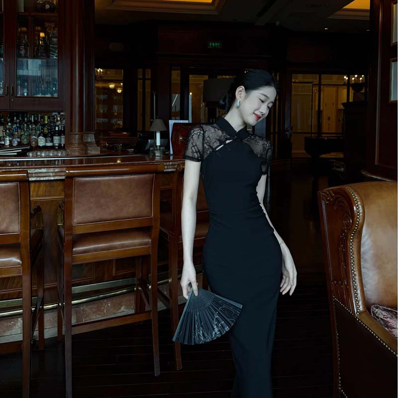 2025新中式收腰显瘦长裙少女复古斜襟蕾丝旗袍国风鱼尾裙D3353