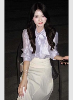 有里布紫色系带灯笼袖大方得体穿搭衬衫+半身裙套装两件套D3573