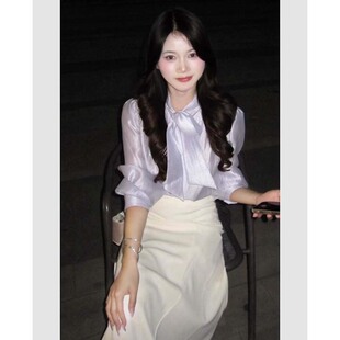 有里布紫色系带灯笼袖大方得体穿搭衬衫+半身裙套装两件套D3573