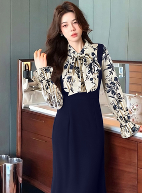 2026春季新款女韩系温柔风撞色拼接假两件收腰长袖连衣裙D4765