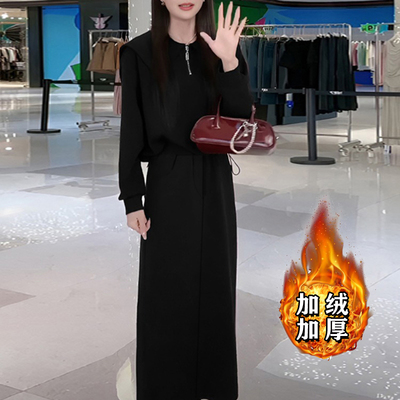 加绒加厚娃娃领休闲两件套2025新款减龄开叉半身裙时尚套装女2442