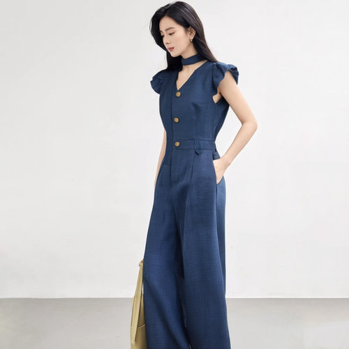 送腰带时尚飞飞袖直筒阔腿长裤2026夏季新款牛仔连体裤D1311C