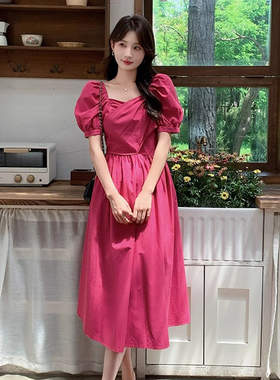 法式方领系带收腰连衣裙女夏a字蝴蝶结泡泡袖气质显瘦长裙D1396