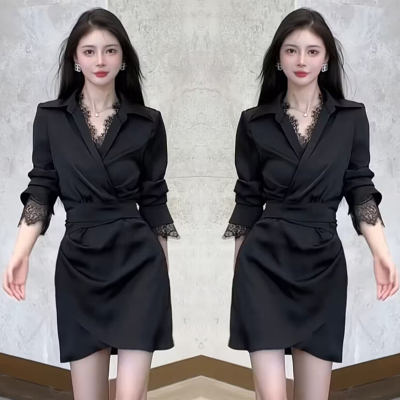 高级感气质女神范连衣裙2026新款显瘦百搭中长款蕾丝袖裙子D0280