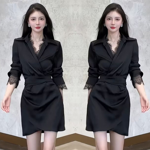 高级感气质女神范连衣裙2025新款显瘦百搭中长款蕾丝袖裙子D0280