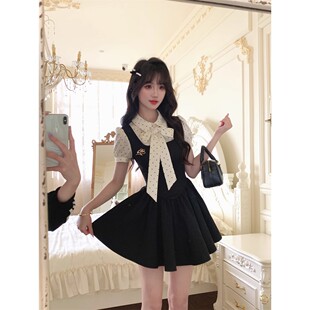 复古收腰假两件连衣裙D2818 甜美风拼接波点法式 2025夏季 新款