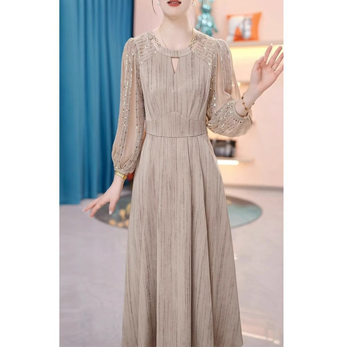 气质高档长袖连衣裙2025年新款洋气显瘦妈妈高级感礼服裙子D0579