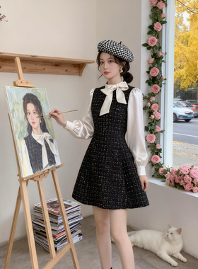 有里布假两件小香风蝴蝶结连衣裙2025秋季新款法式蓬蓬a字裙D3974