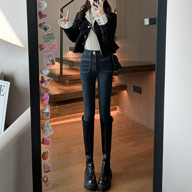 蓝灰色高腰小脚牛仔裤女2024新款夏季紧身显瘦弹力爆款九分铅笔裤