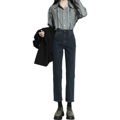 可丹花直筒九分牛仔裤女蓝灰高腰