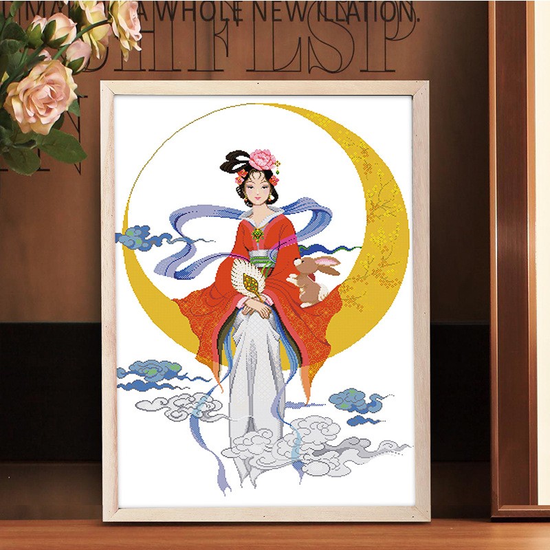 高端棉线印花十字绣嫦娥奔月古典美女客厅人物系列装饰画大幅刺绣