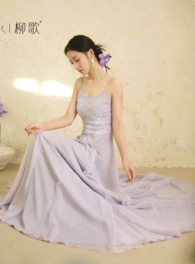 柳歌古典舞蹈服吊带长裙飘逸表演出服装现代舞720度大摆连衣裙子