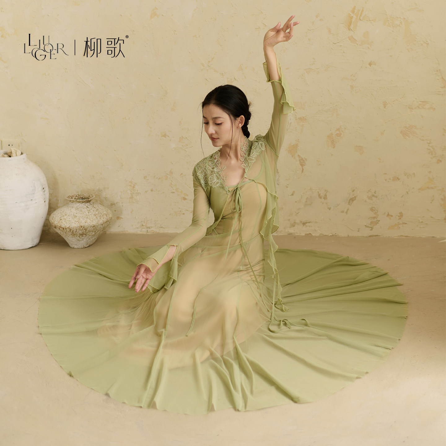 柳歌现代舞蹈服飘逸吊带连衣纱裙新款形体成人长袖上衣练功服套装