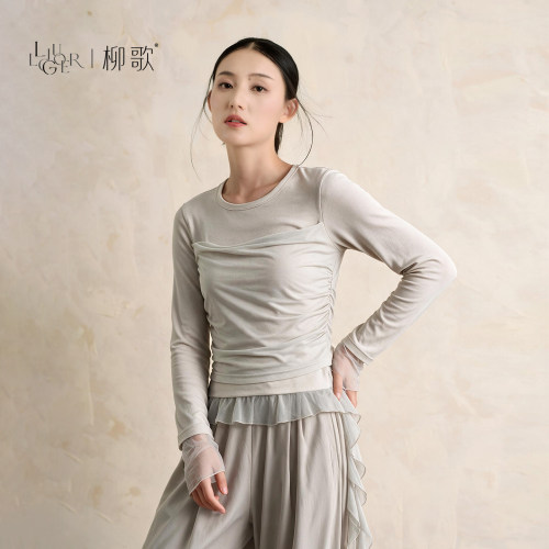 柳歌现代舞蹈服女长袖拼接上衣