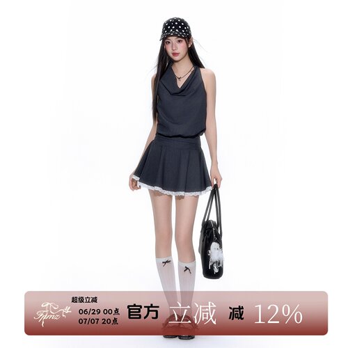 FPMZ荡领收腰挂脖无袖西装裙夏A字短裙蕾丝边显瘦韩系气质连衣裙