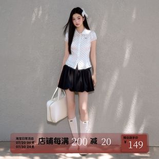 FPMZ白色波点娃娃领花边短袖 韩系简约百搭T恤上衣 衬衫 夏复古修身