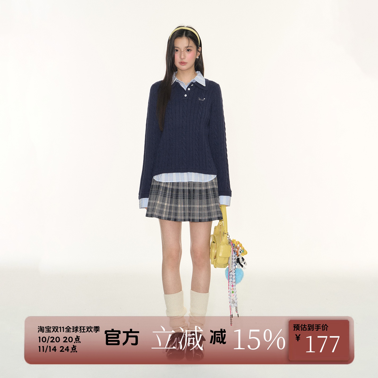 FPMZ学院风格子领衬衫假两件麻花纹套头polo毛衣针织衫长袖上衣