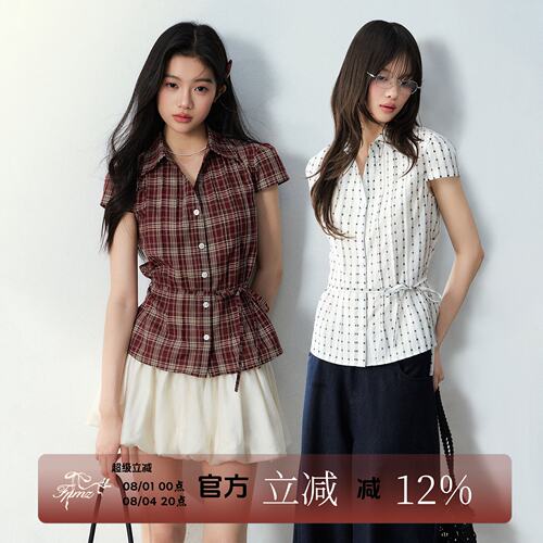 FPMZ韩系波点修身V领短袖衬衫