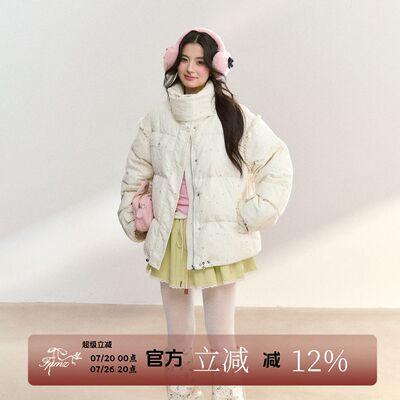 FPMZ立领波点满印花边棉服棉衣冬女面包服防风外套上衣宽松保暖厚