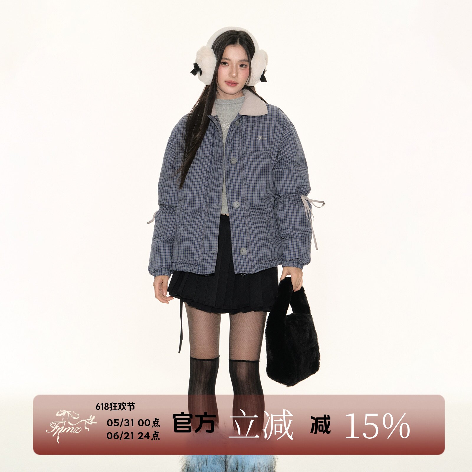 FPMZ撞色翻领小蓝格子90白鸭绒羽绒服袖子抽绳蝴蝶结绑带棉服外套