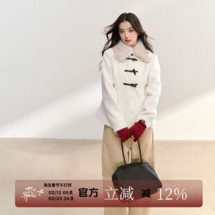 FPMZ毛领牛角扣白色呢子短外套修身收腰显瘦韩系上衣棉服女羽绒服