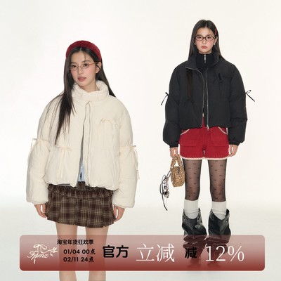 FPMZ蝴蝶结抽绳绑带短款立领90白鸭绒羽绒服韩系外套学院风面包服