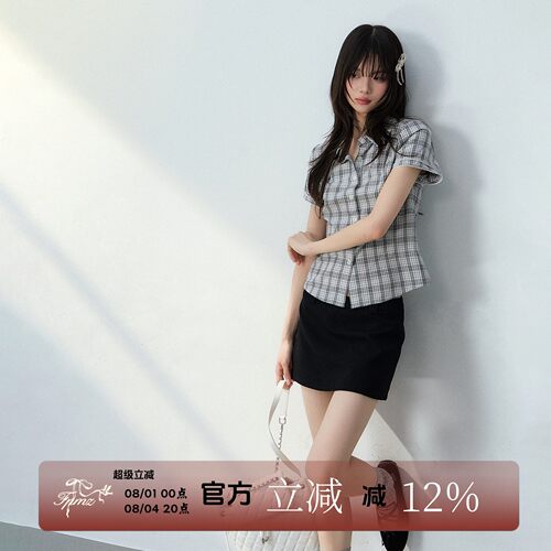 FPMZ夏季灰格双层袖修身衬衫