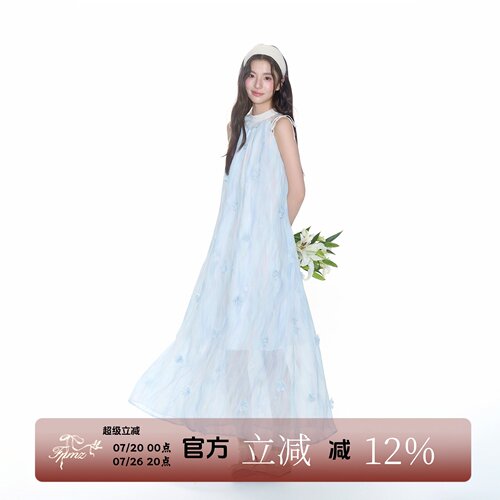 FPMZ度假风挂脖圆领绑带立体花朵连衣裙气质仙女纱裙夏季无袖长裙