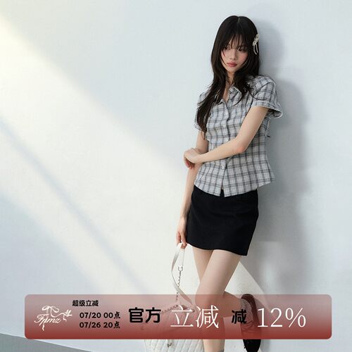 FPMZ夏季灰格双层袖修身衬衫