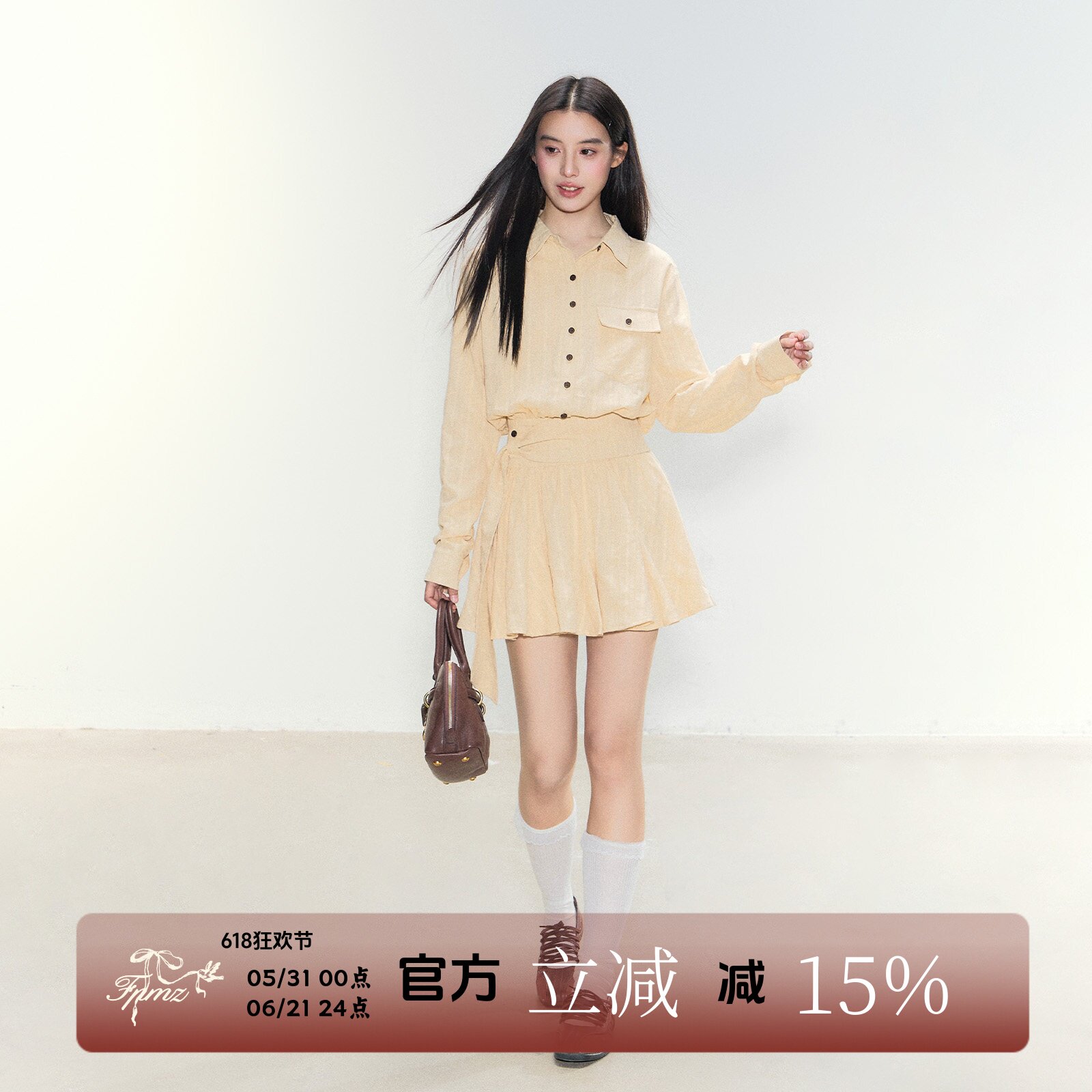 FPMZ【星星许愿】黄色收腰衬衫连衣裙工装长袖短裙老钱简约百褶裙