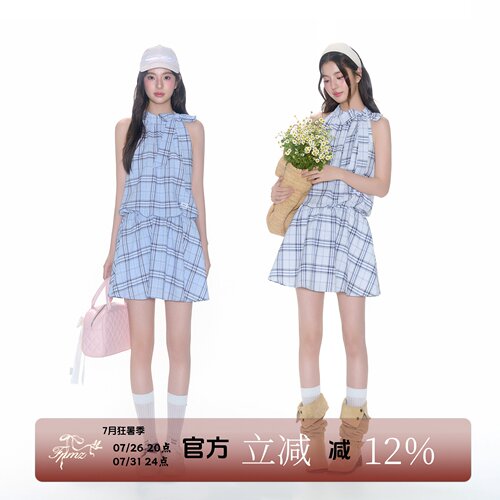 FPMZ 挂脖蝴蝶结格纹连衣裙夏季无袖宽松显瘦A字裙露肩气质短裙