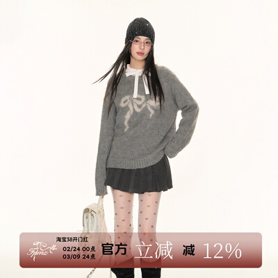 FPMZ蝴蝶结飞鸟圆领拉毛毛衣学院风韩系内搭针织衫套头宽松上衣