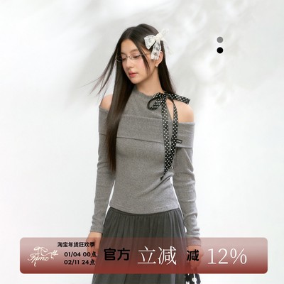 FPMZ挂脖露肩波点绑带针织衫
