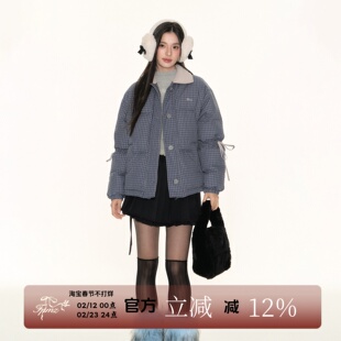 FPMZ撞色翻领小蓝格子90白鸭绒羽绒服袖子抽绳蝴蝶结绑带棉服外套
