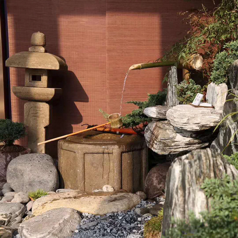 和风拾语禅意仿古水景石钵日式庭院花园布置天然室内别墅装饰