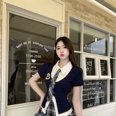学院风jk套装夏季网红小熊假两件衬衫半身裙制服格子两件套