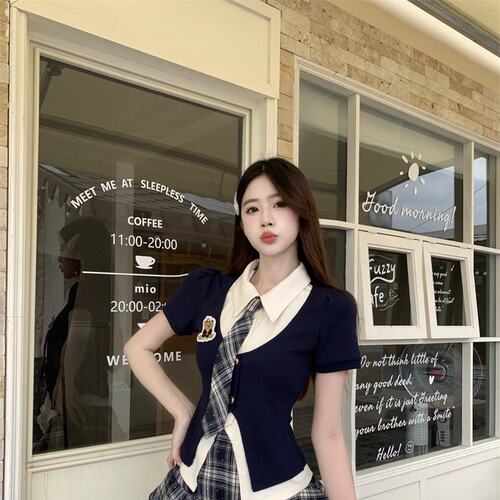 学院风jk套装夏季网红小熊假两件衬衫半身裙制服格子两件套