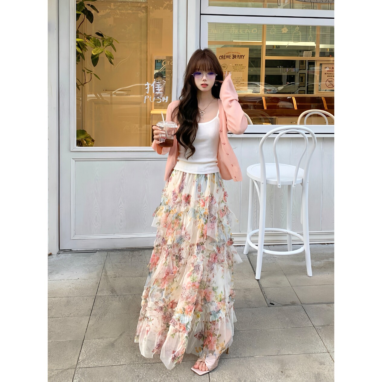 已到货  粉色针织开衫吊带女长袖毛衣吊带背心蛋糕半身裙两件套装