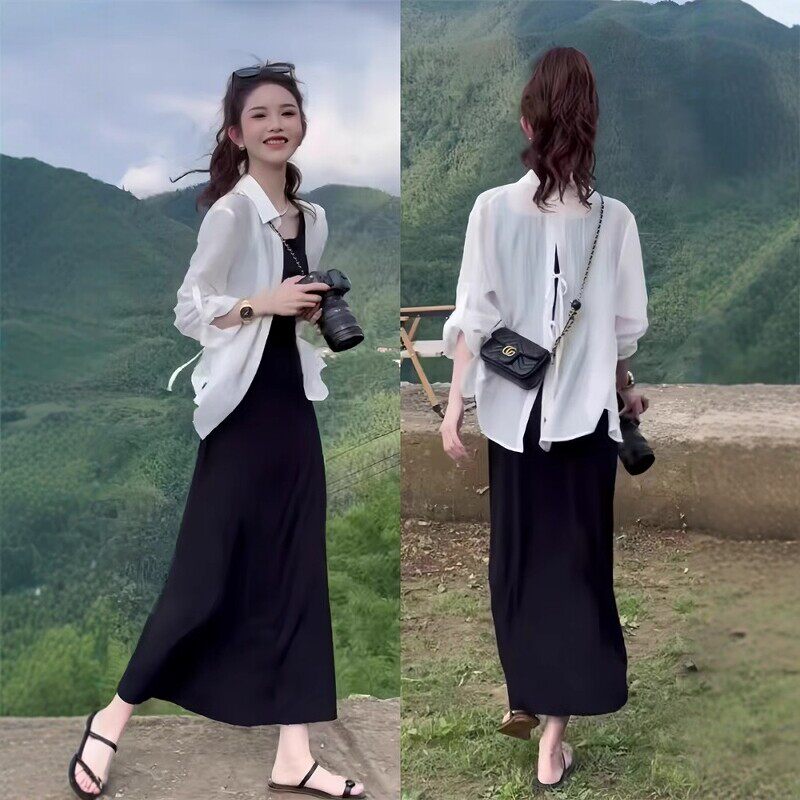 150小个子女装穿搭一整套2026夏季新款黑色吊带长裙+防晒衬衫套装