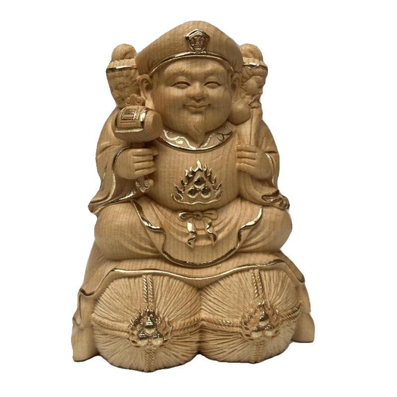 描金桧木精雕三面大黑天佛门七福神护法财神人物实木工艺品家居