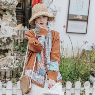 民族风大码外套亚麻贴布印花圆领长袖衬衫女文艺复古中式麻料开衫