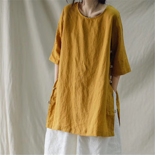 夏装新款复古手工盘扣亚麻上衣宽松纯色前短后长圆领短袖T恤衬衫