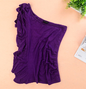 祥云冉冉外贸原单欧美真丝棉荷叶边单肩针织衫吊带背心女百搭打底